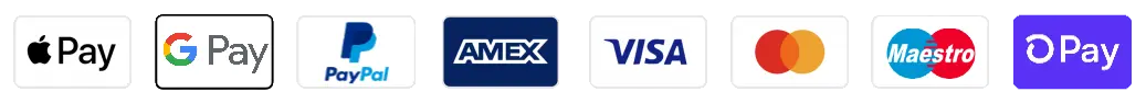 Apple Pay, Google Pay, PayPal, AMEX, Visa, Mastercard, Maestro, OPay